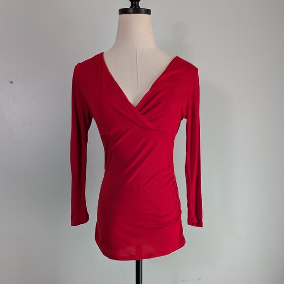 INC Y2K Babydoll Top S Red Vneck 3/4 Sleeve Elena Bella Empire Stretch Knit - Picture 2 of 8